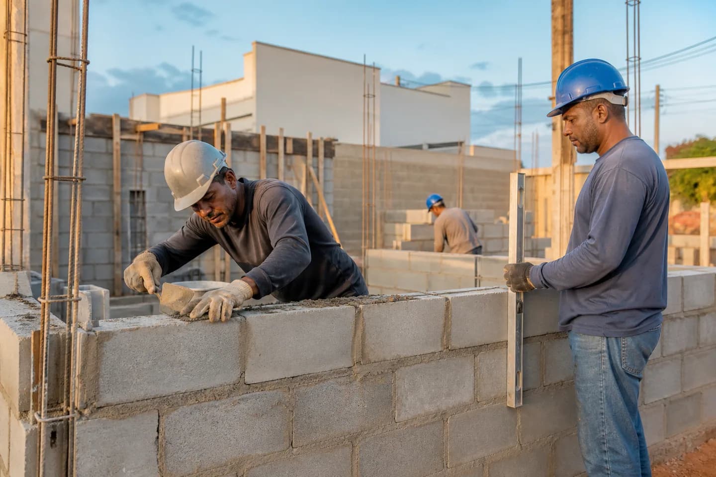 Equipe de construção assentando blocos em uma obra residencial brasileira